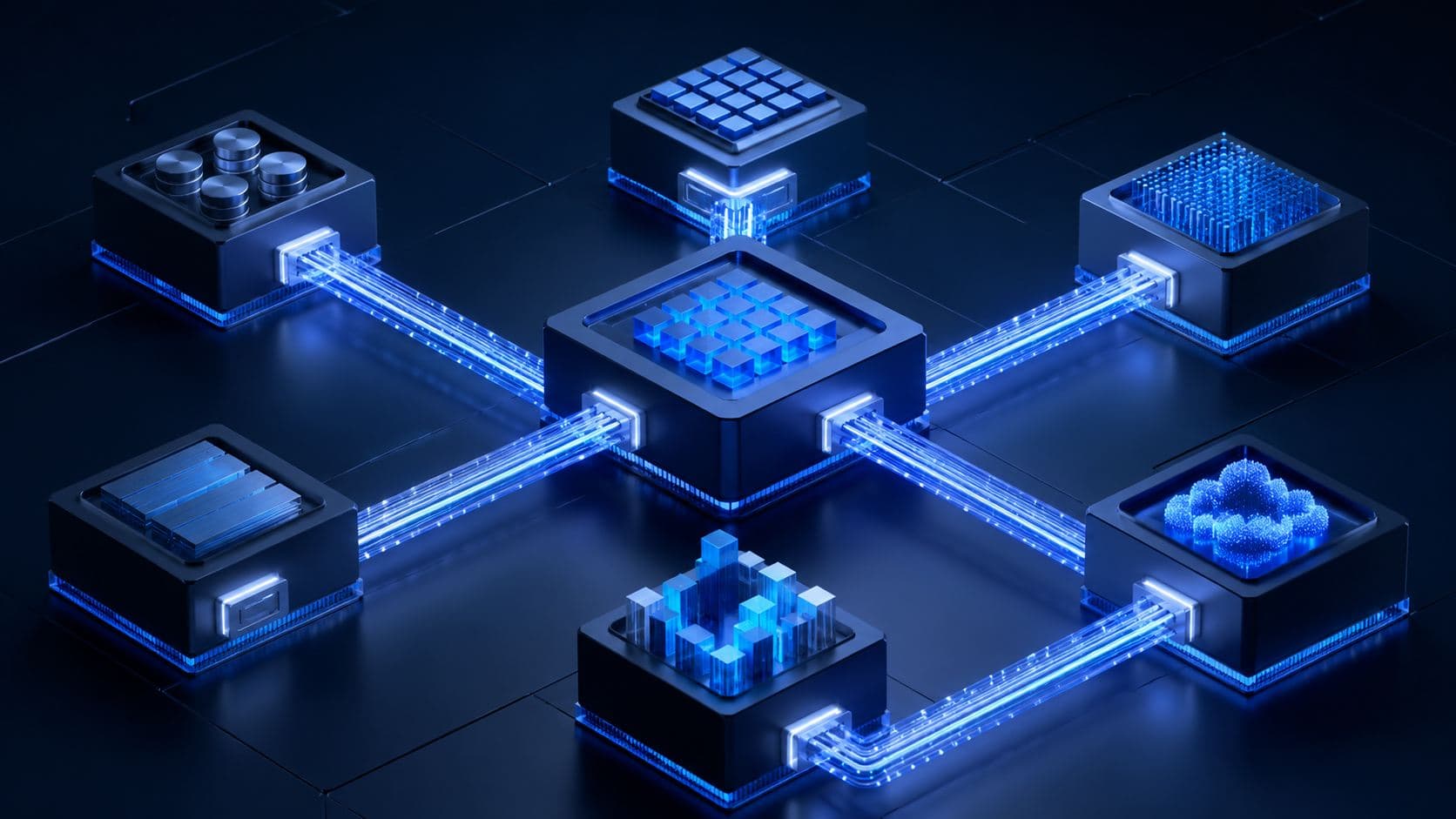 A 3D illustration of glowing blue modular components connected by fibre-optic data lines to a central hub