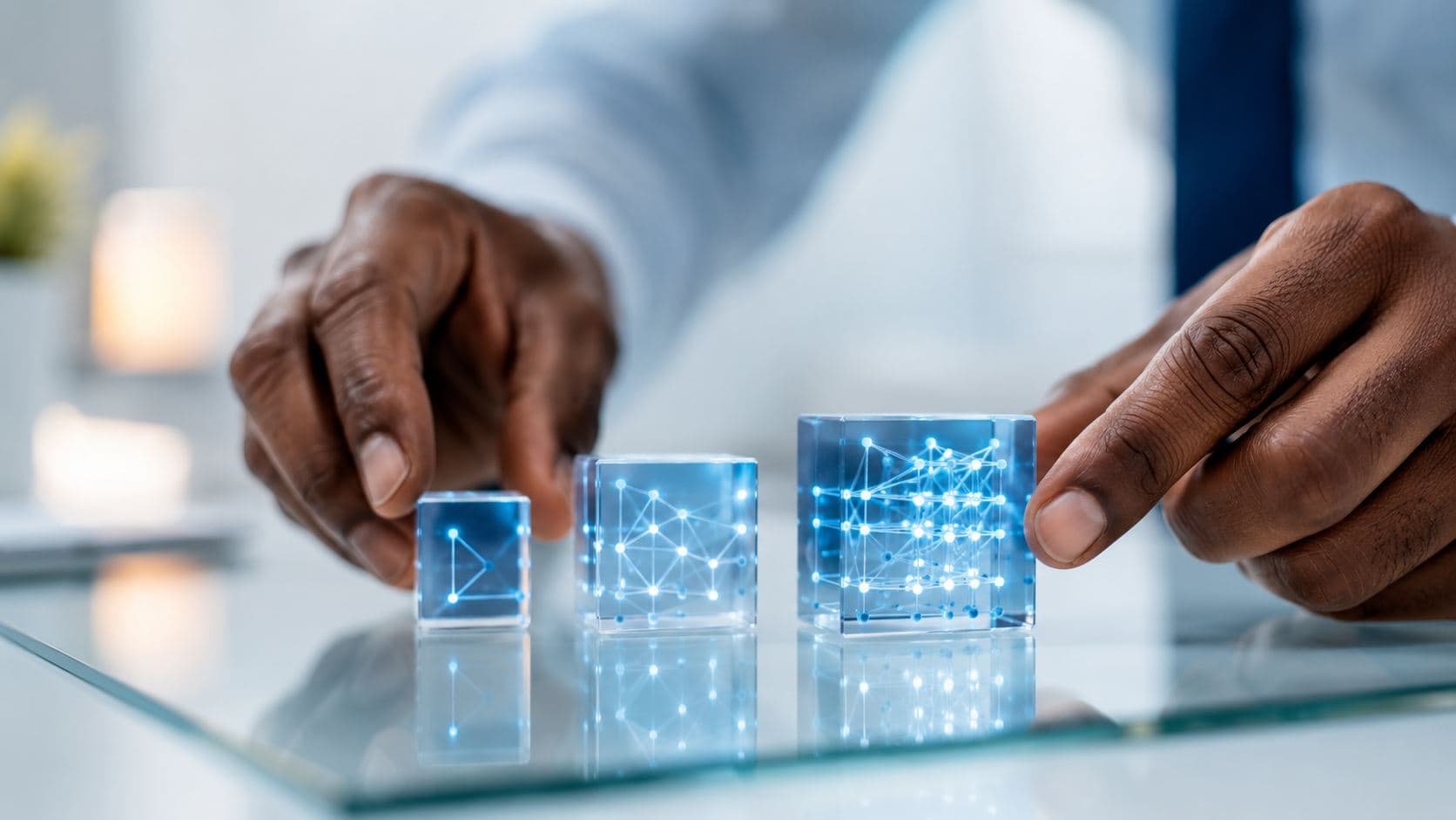 Hands arranging a row of glowing blue glass cubes of increasing size, each containing an increasingly complex network pattern