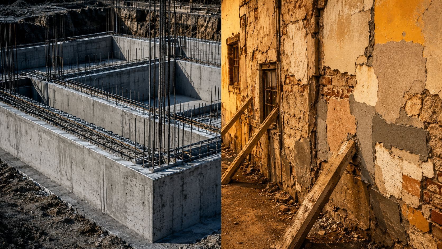 Split image contrasting a newly poured concrete foundation reinforced with rebar against a crumbling, poorly maintained building wall