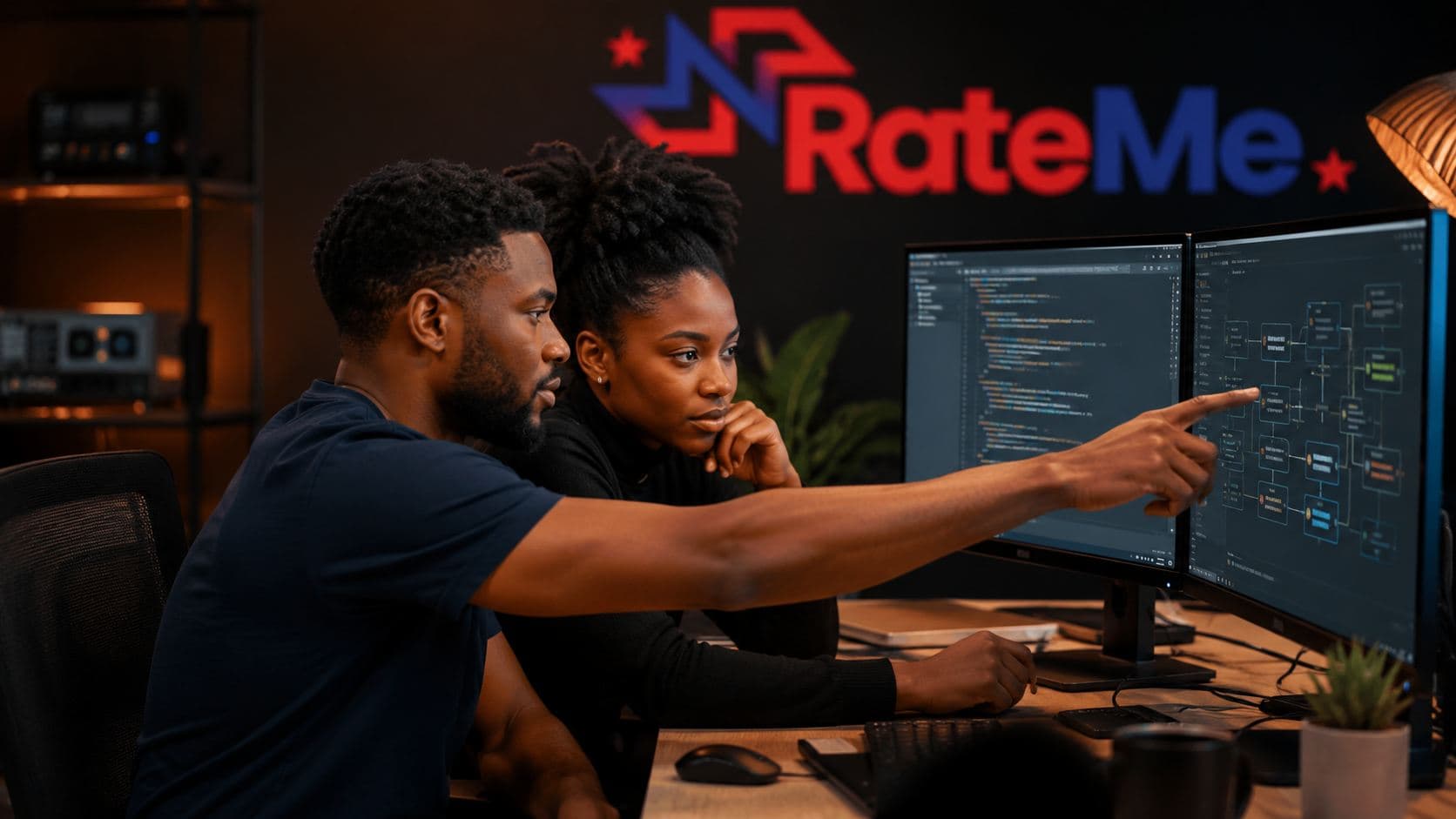 Two RateMe engineers pointing at a dual-monitor setup showing code and a system architecture diagram, with the RateMe logo on the wall behind them