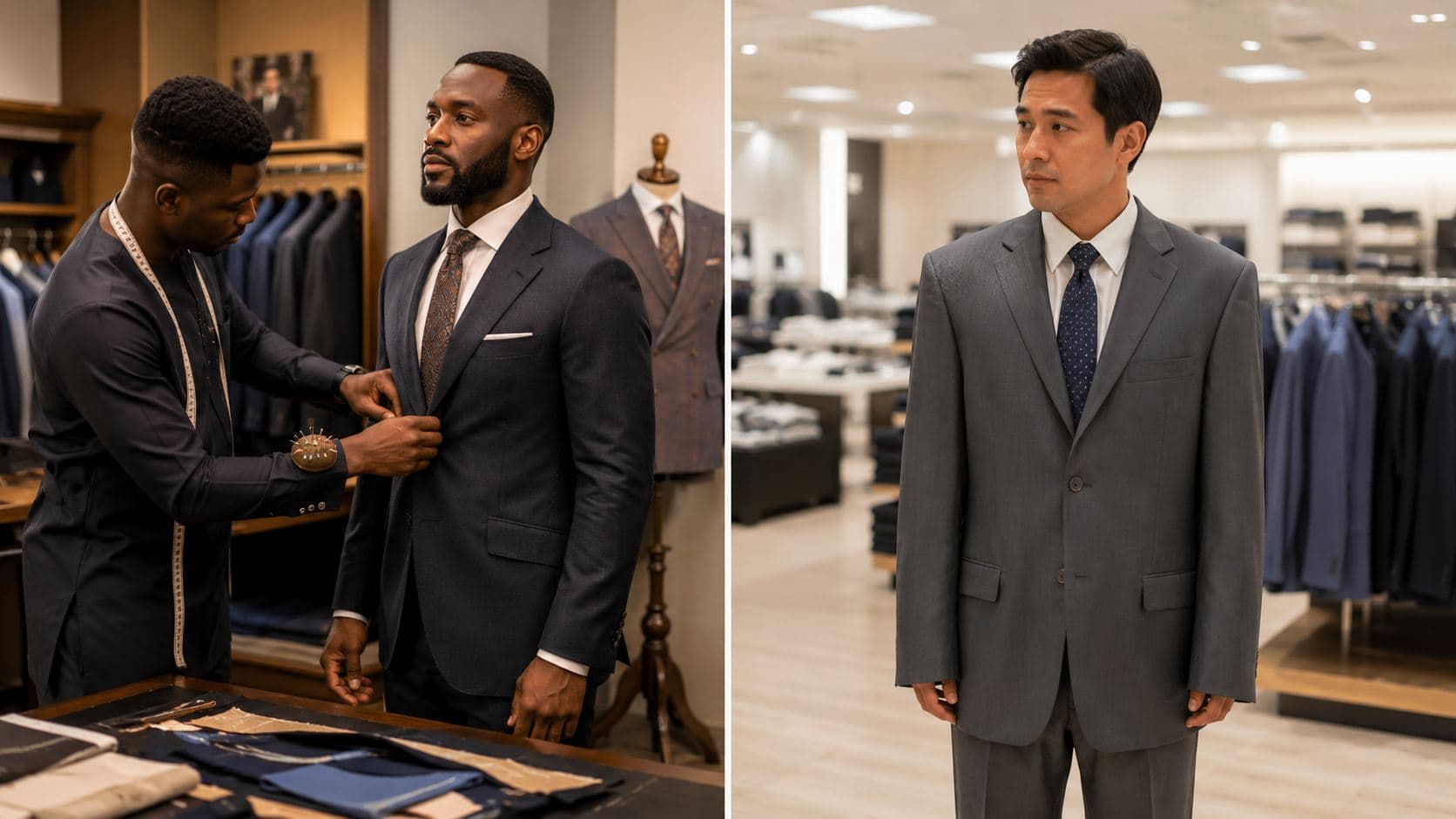 Split image contrasting a tailor fitting a custom-made suit with a shopper trying on an off-the-shelf suit in a department store
