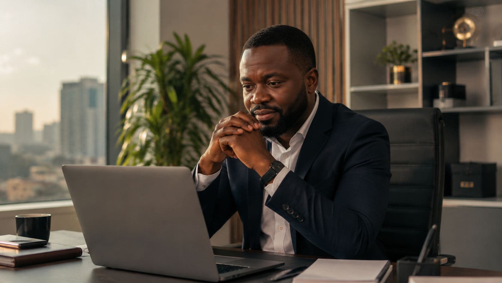 A Nigerian business owner sitting at his laptop in his office, thinking carefully before making a decision