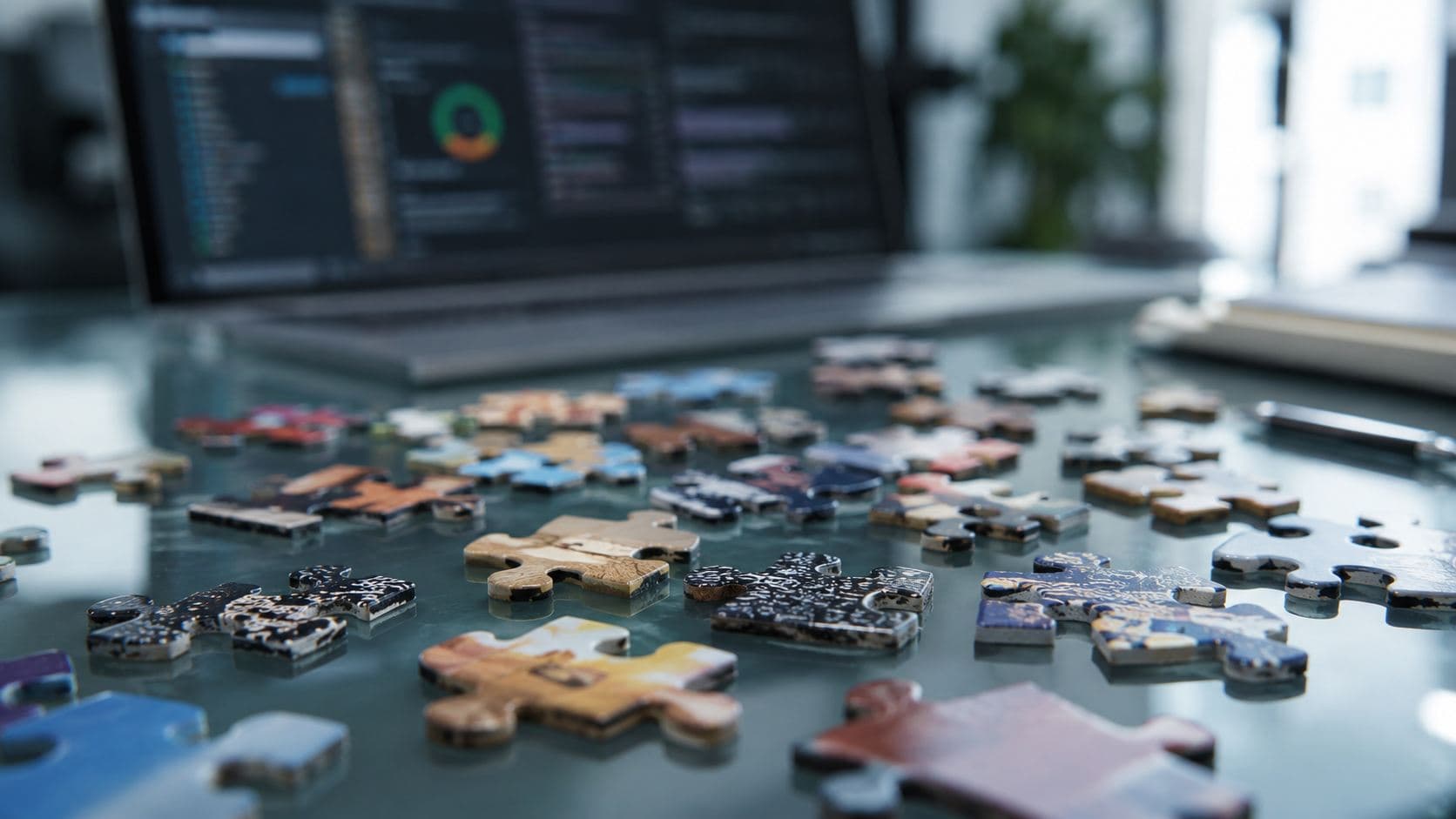 Close-up of scattered jigsaw puzzle pieces on a glass desk, with a laptop showing a dashboard in the background