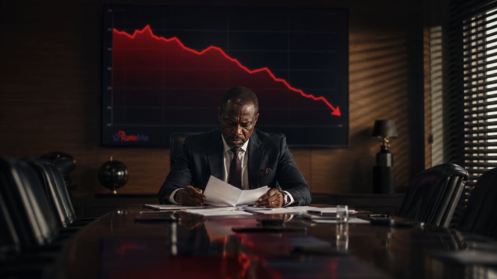 A business owner sits at a boardroom table reviewing papers, with a RateMe screen behind him showing a sharply declining chart