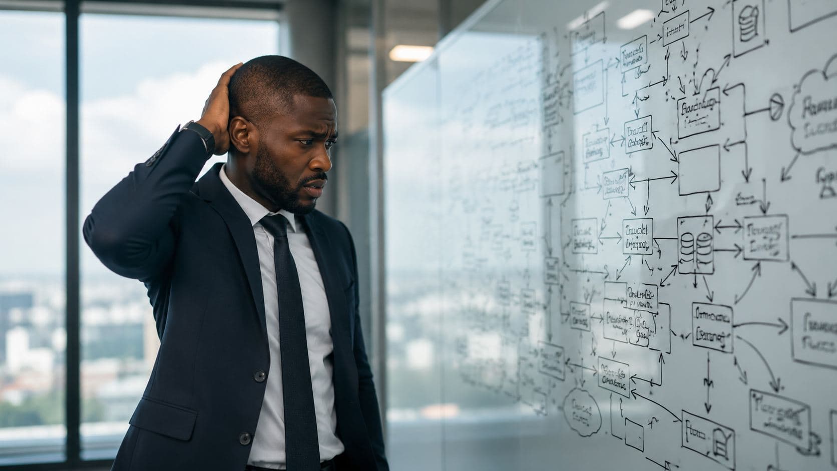 A frustrated executive stares at a whiteboard covered in a tangled, overcomplicated systems diagram with arrows connecting dozens of boxes
